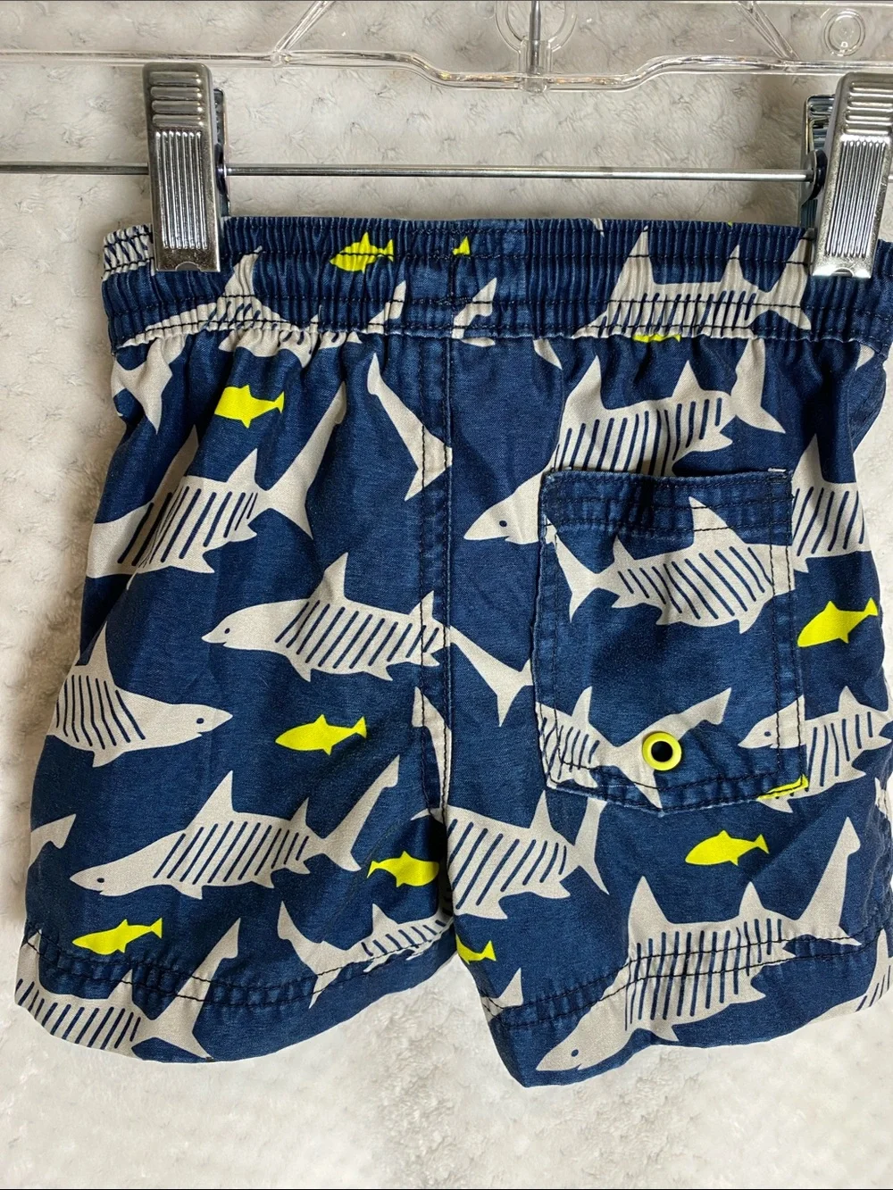 Tea Collection Boys Navy Shark Print Swim Trunks Shorts with Yellow Drawstring